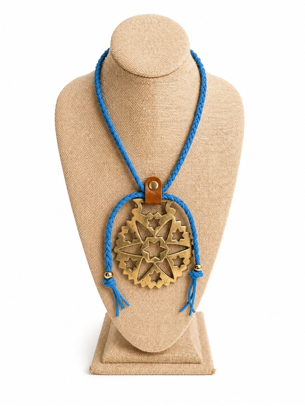 Turquoise Braided leather Necklace with vintage Brass horse medallion.